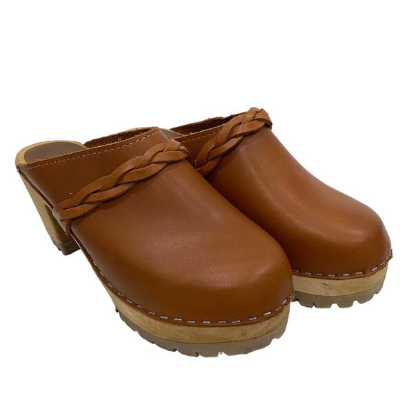 MIA Elsa Luggage Wood Clogs Women's Sz 37/US 7 Tan Italian Leather Swedish Lug - Picture 4 of 13